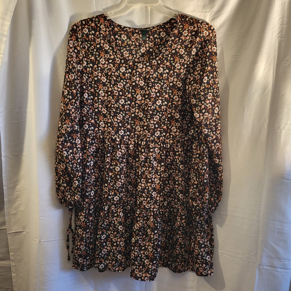 Wild Fable Black Floral Tiered Babydoll Mini‎ Dress Long Sleeve Size M